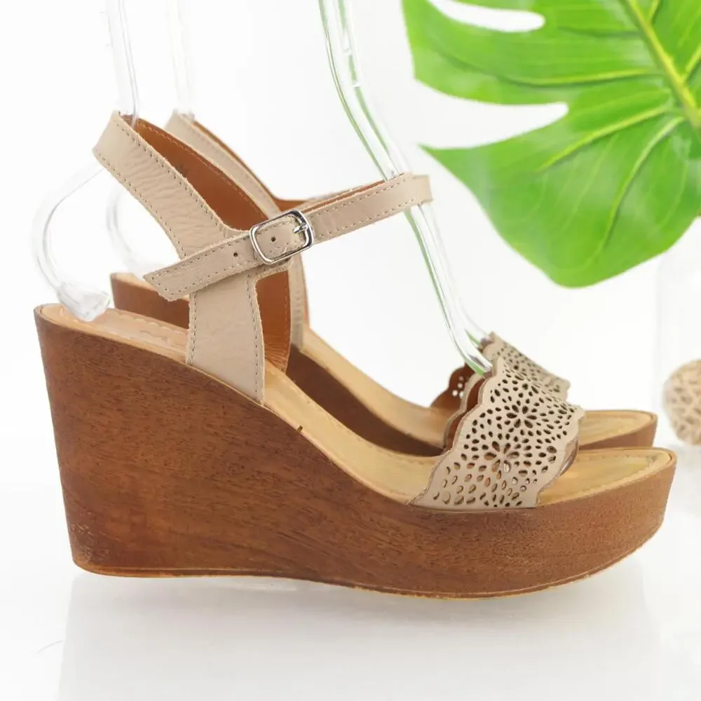 Mariella Womens Sandal Size 8.5 Tan Leather Wedge Platform Ankle Strap Shoe Boho